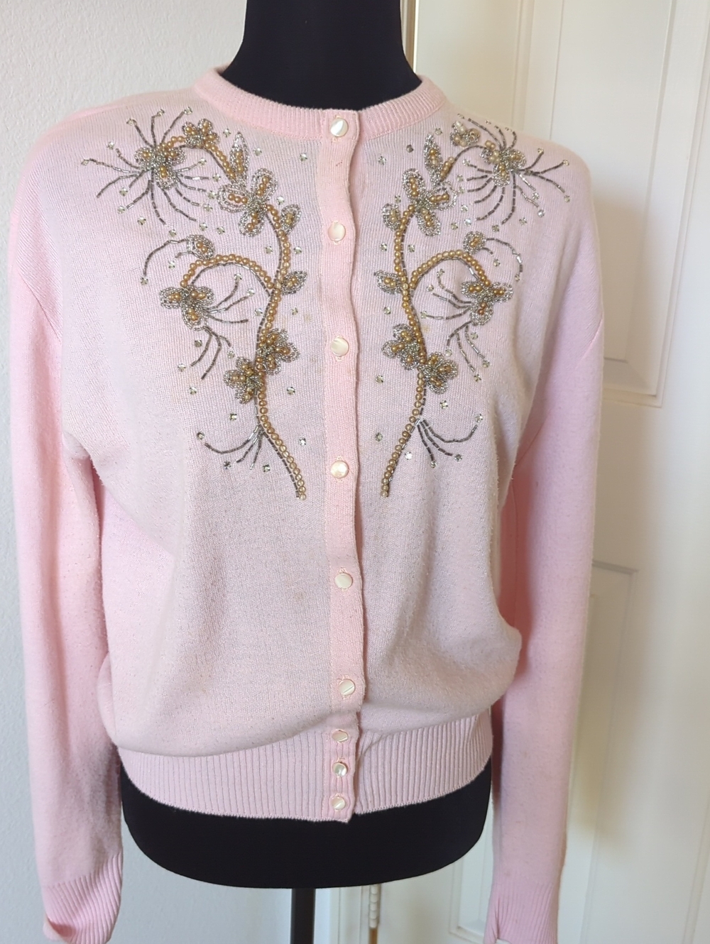 Vintage 1950,s Pale Pink Beaded Cardigan Xl